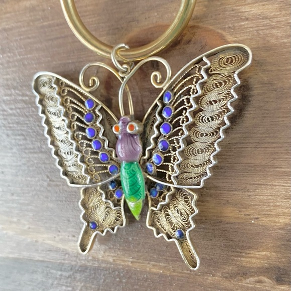 Vermeil (gold wash over sterling) filigree butterfly pendant with enameling - Picture 4 of 8